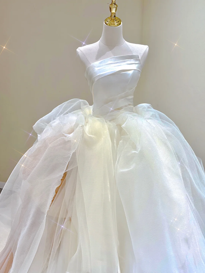 Classy Elegant Ball Gown Strapless White Long Satin Wedding Dresses Brides Dress DP328