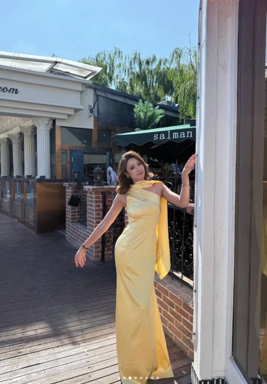 Simple One Shoulder Sheath Long Evening Dresses Satin Yellow Bridesmaid Dresses DP3291