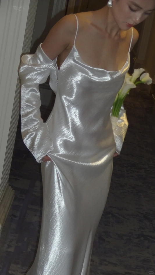 Simple Spaghetti Strap Sheath Wedding Dresses Silk White Backless Bridal Gowns DP3351