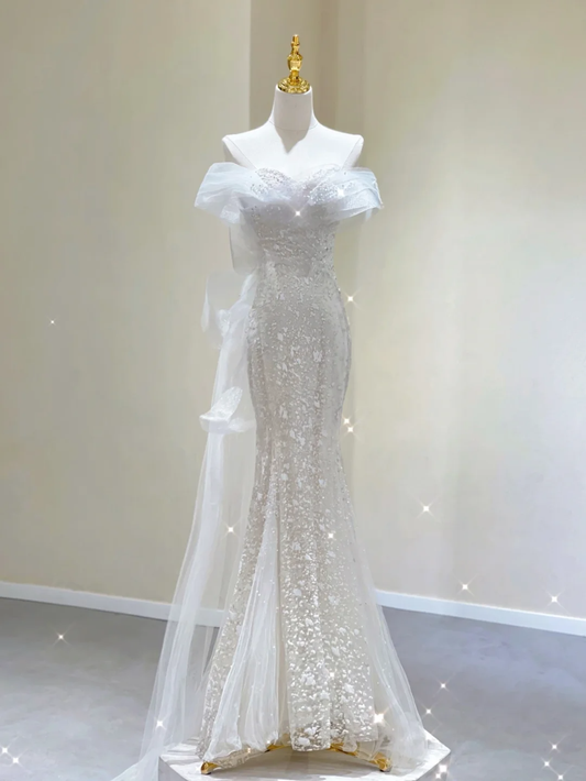 Unique Mermaid Off The Shoulder Ruffles Sequin Long Wedding Dresses Brides Dress DP338