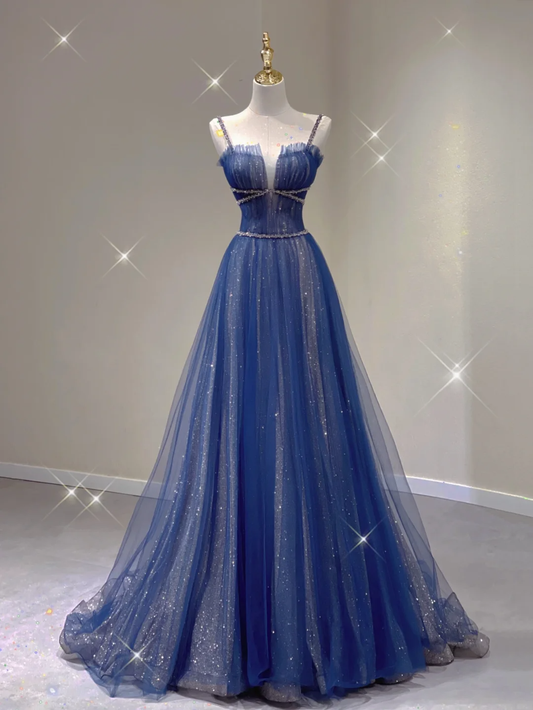 Hübsches A-Linie Spaghettiträger Blau Marineblau Ärmellos Lange Ballkleider Abendkleider DP340