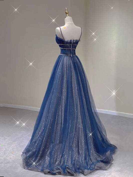 Hübsches A-Linie Spaghettiträger Blau Marineblau Ärmellos Lange Ballkleider Abendkleider DP340
