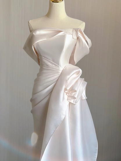 Unique Mermaid Off The Shoulder Ruffles Long Satin Pink Wedding Dresses Brides Dress DP344