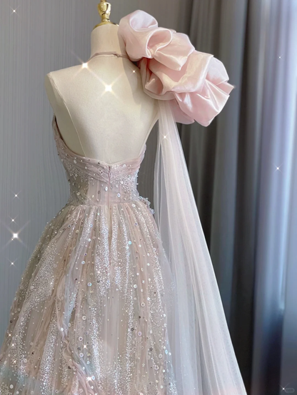 Pretty Ball Gown Jewel Pink Sequin Tulle Long Prom Dresses Evening Dresses DP359