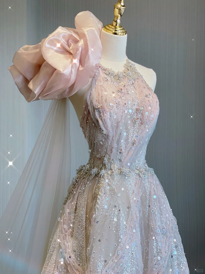Pretty Ball Gown Jewel Pink Sequin Tulle Long Prom Dresses Evening Dresses DP359