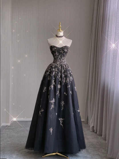 Pretty Ball Gown Strapless Black Tulle Long Prom Dresses Evening Dresses DP365