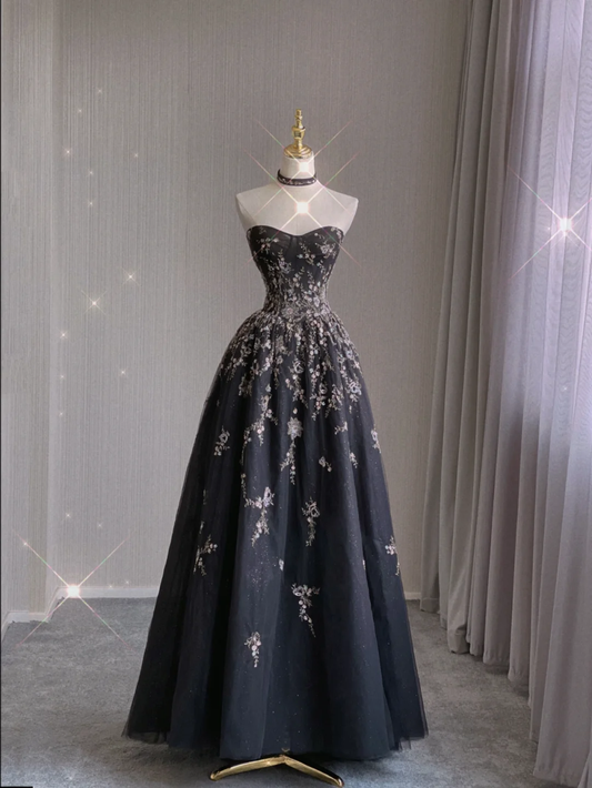 Pretty Ball Gown Strapless Black Tulle Long Prom Dresses Evening Dresses DP365
