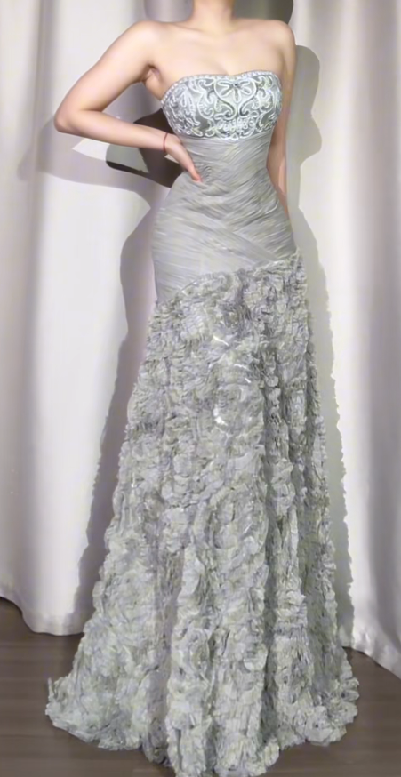 Vintage Strapless Sheath Long Prom Dresses Elegant Tulle Grey Evening Dresses DP3696