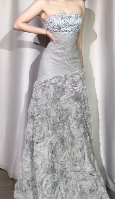 Vintage Strapless Sheath Long Prom Dresses Elegant Tulle Grey Evening Dresses DP3696