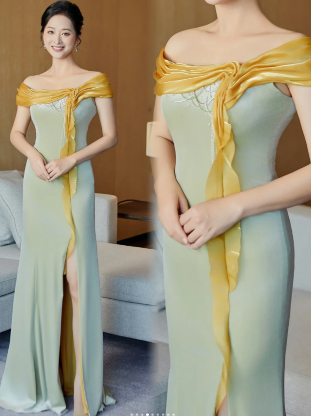 Glam Off-the-shoulder Sheath Green Mother of the Bride Dress Satin Green Evening Dress DP3710
