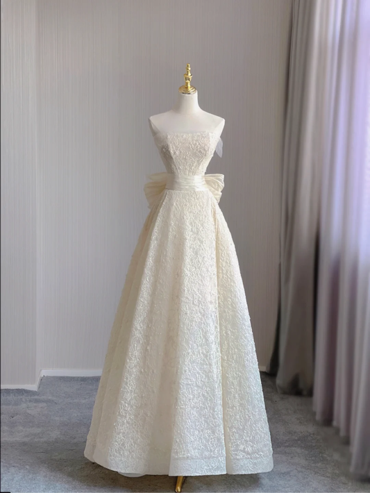 Unique A line Strapless Lace Long White Wedding Dresses Summer Brides Dress DP372