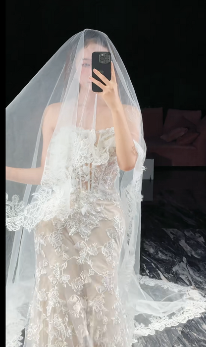 Elegant Strapless Mermaid Long Wedding Dresses Tulle Applique White Bridal Gowns Sleeveless Bridal Dresses DP3763