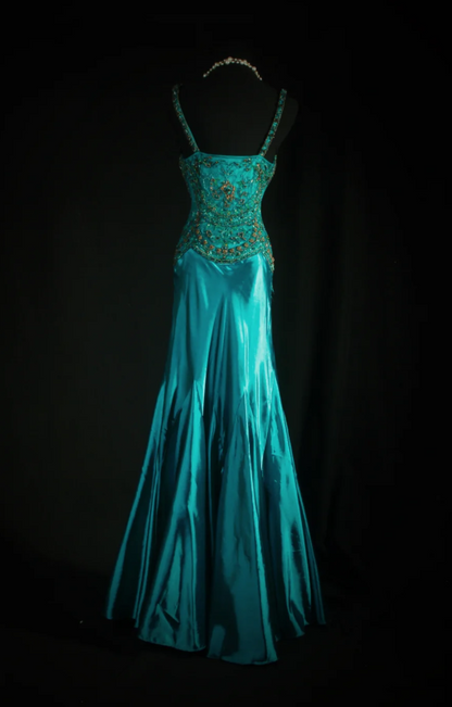 Vintage V-neck Sheath Blue Long Prom Dresses Satin Beaded Blue Evening Dresses DP3770