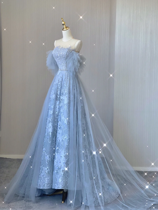 Pretty A line Scoop Neckline Blue Tulle Long Prom Dresses Graduation Dress High School Classy Evening Dresses DP379