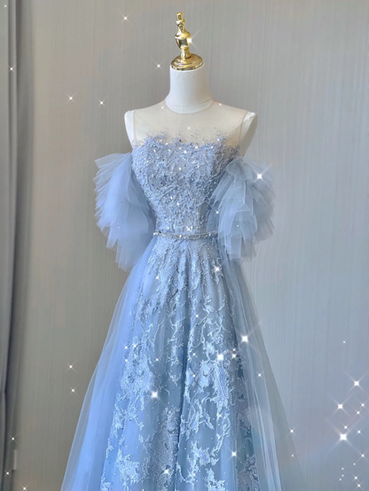 Pretty A line Scoop Neckline Blue Tulle Long Prom Dresses Graduation Dress High School Classy Evening Dresses DP379