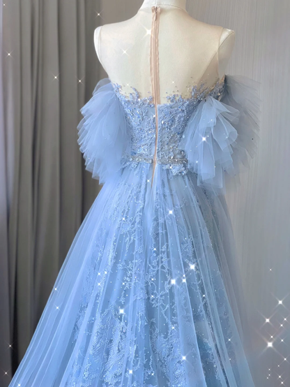 Pretty A line Scoop Neckline Blue Tulle Long Prom Dresses Graduation Dress High School Classy Evening Dresses DP379