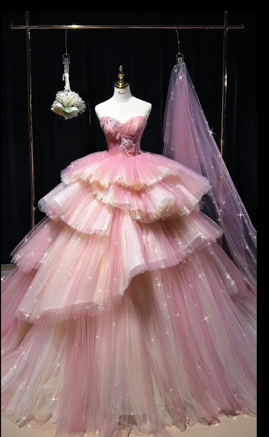 Fairy Ball Gown Pink Long Prom Dresses Strapless Tulle Sleeveless Pink Quinceanera Dresses Sweet 16 Dress DP3820