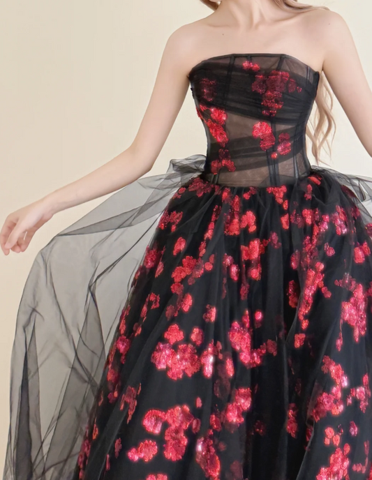 Fairy Ball Gown Black Long Prom Dresses Strapless Tulle Sleeveless Black Quinceanera Dresses Sweet 16 Dress DP3821