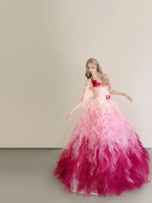 Cute Ball Gown Gradient Pink Long Prom Dresses Strapless Tulle Sleeveless Gradient Pink Quinceanera Dresses Sweet 16 Dress DP3822