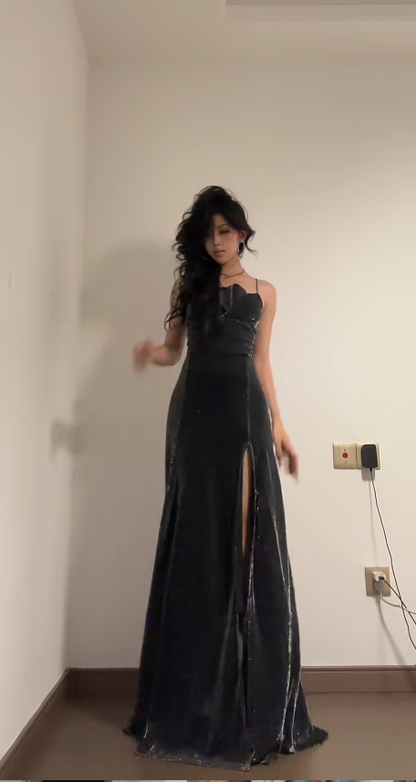 Sexy Sheath Dark Grey Long Prom Dresses with Slits, Spaghetti Straps Satin Dark Grey Birthday Dresses DP3827