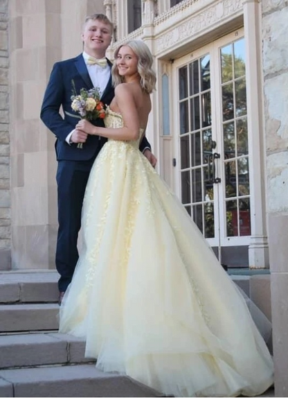 Chic Sweetheart A-line Yellow Long Prom Dresses Sleeveless Tulle Applique Yellow Birthday Dresses DP3857