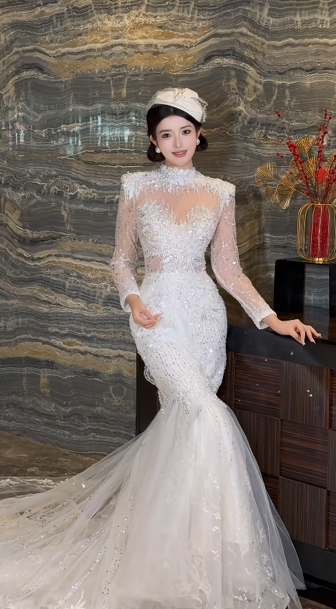 Timeless Mermaid Long Wedding Dressses Long Sleeve White Bridal Dresses Tulle Applique Bridal Gowns DP3937