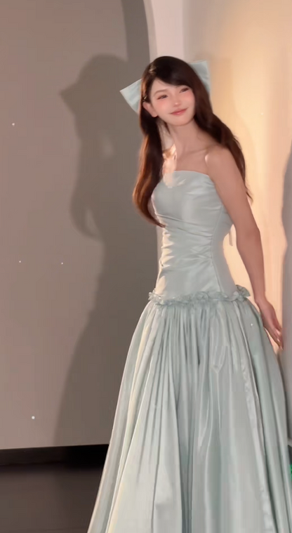 Sweet Strapless A-Line Long Prom Dresses Satin Tiffany Blue Birthday Dresses DP3942