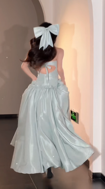 Sweet Strapless A-Line Long Prom Dresses Satin Tiffany Blue Birthday Dresses DP3942