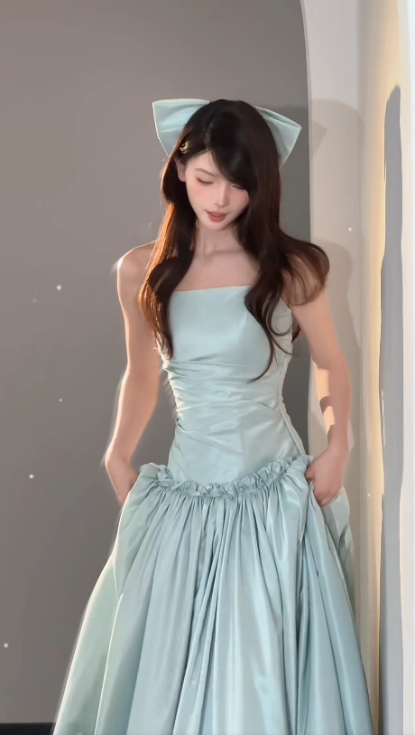 Sweet Strapless A-Line Long Prom Dresses Satin Tiffany Blue Birthday Dresses DP3942