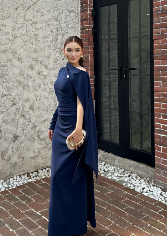 Glam Sheath Mother Of Bride Dresses Long-Sleeved Navy Blue Wedding Guest Dresses DP3950