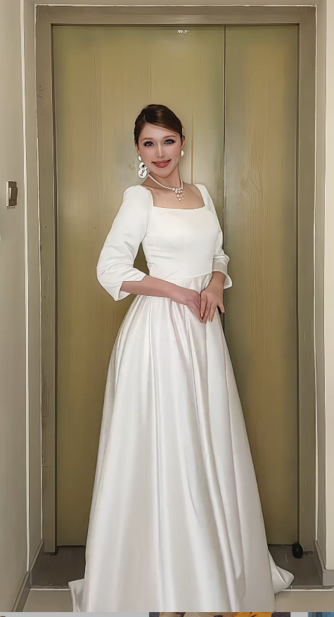 Elegant Sheath White Long Prom Dresses Satin Long Sleeve White Mother of Bride Dress DP3953
