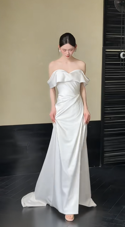 Simple Off-Shoulder Sheath Long Wedding Dresses; White Bridal Gowns; Satin Bridal Dresses DP03975