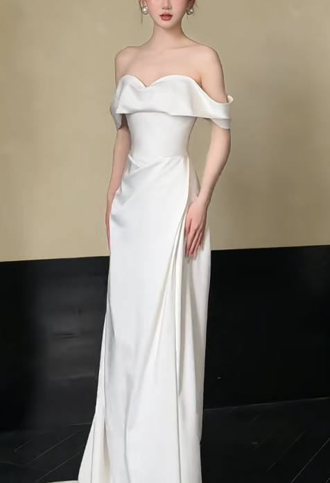 Simple Off-Shoulder Sheath Long Wedding Dresses; White Bridal Gowns; Satin Bridal Dresses DP03975