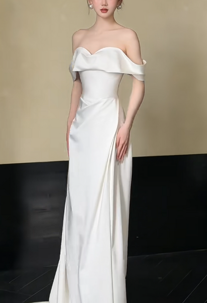 Simple Off-Shoulder Sheath Long Wedding Dresses; White Bridal Gowns; Satin Bridal Dresses DP03975