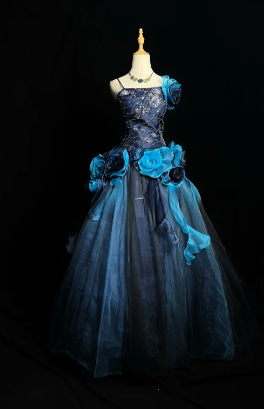Gorgeous Ball Gown Tulle Long Prom Dresses Appliqué Blue Quinceanera Dresses Sweet 16 Dress DP3992