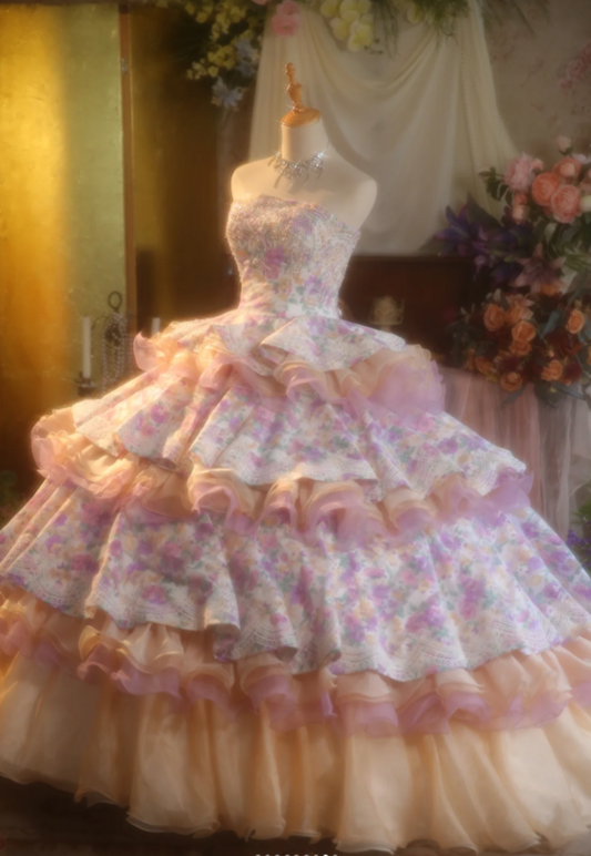 Cute Strapless Ball Gown Floral Long Prom Dresses Pink Quinceanera Dresses Sweet 16 Dress DP3995