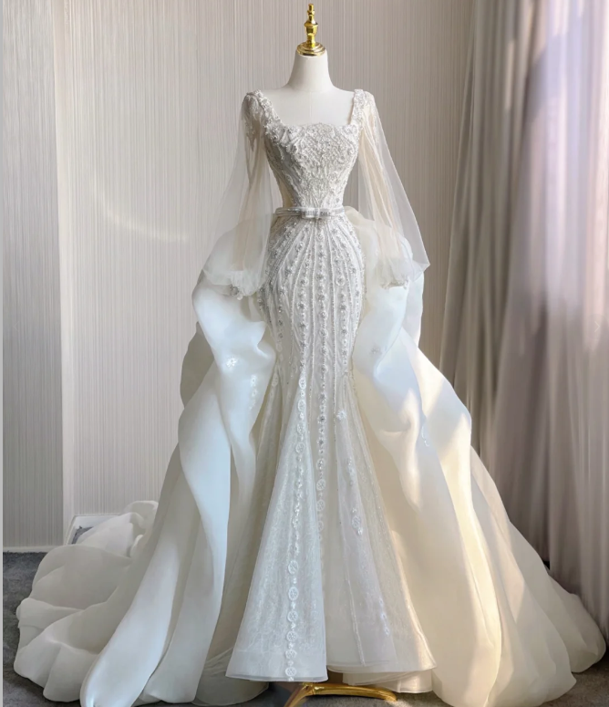 Luxury Mermaid Square Neckline Long White Wedding Dresses Brides Dress DP407