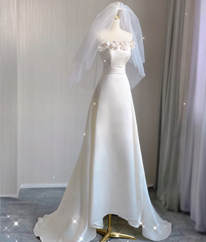 Unique A line Strapless Long White Wedding Dresses Summer Brides Dress DP408