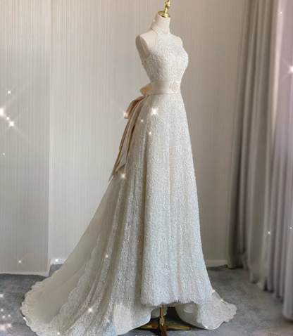 Unique A line High Neckline Lace Long White Wedding Dresses Summer Brides Dress DP409