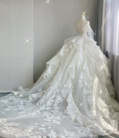 Unique Ball Gown Scoop Neckline Lace Long Sleeves White Wedding Dresses Brides Dress DP419