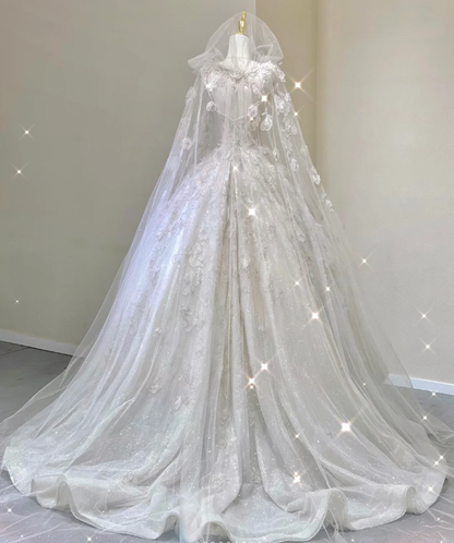 Unique Ball Gown Square Neckline Lace Long White Wedding Dresses Brides Dress DP421