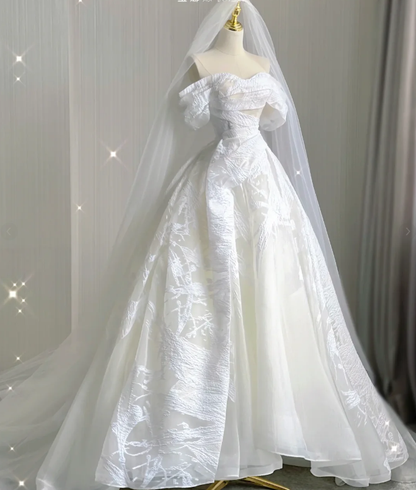 Timeless Ball Gown Off The Shoulder Satin Long White Summer Wedding Dresses Brides Dress DP423