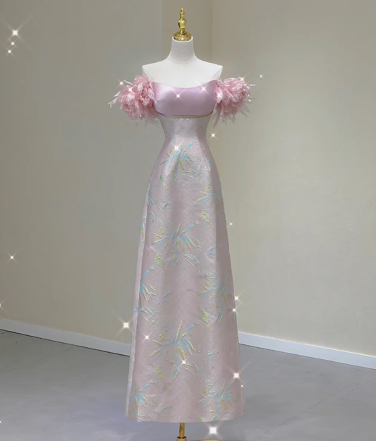 Elegantes A-Linien-Abendkleid aus Satin in Rosa, schulterfrei, langes Ballkleid, DP426