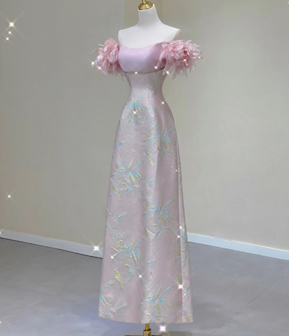 Classy A Line Off The Shoulder Satin Pink High School Evening Dress Long Prom Dresses DP426