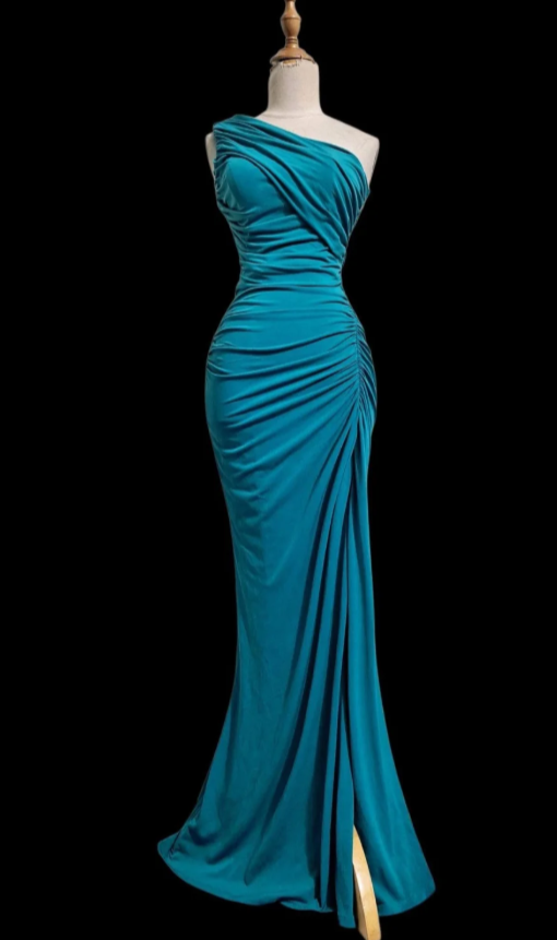 Teal Sheath Long Prom Dresses Glam Pleated Chiffon Evening Dresses Sleeveless Wedding Guest Dresses DP4340