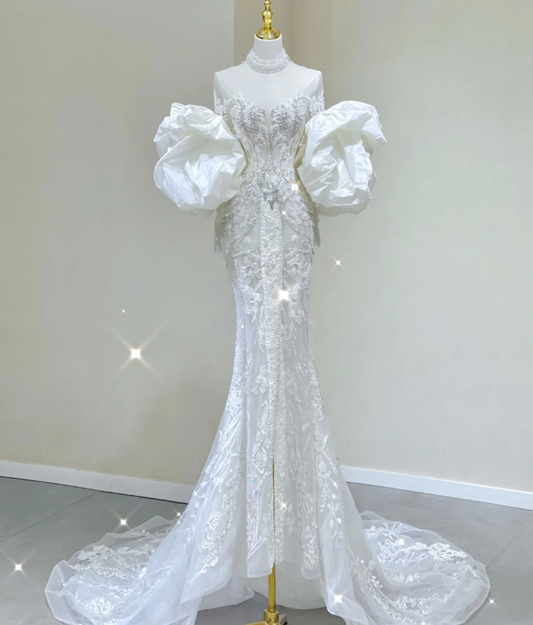 Luxury Mermaid High Neckline Long Sleeves  Lace White Wedding Dresses Brides Dress DP437