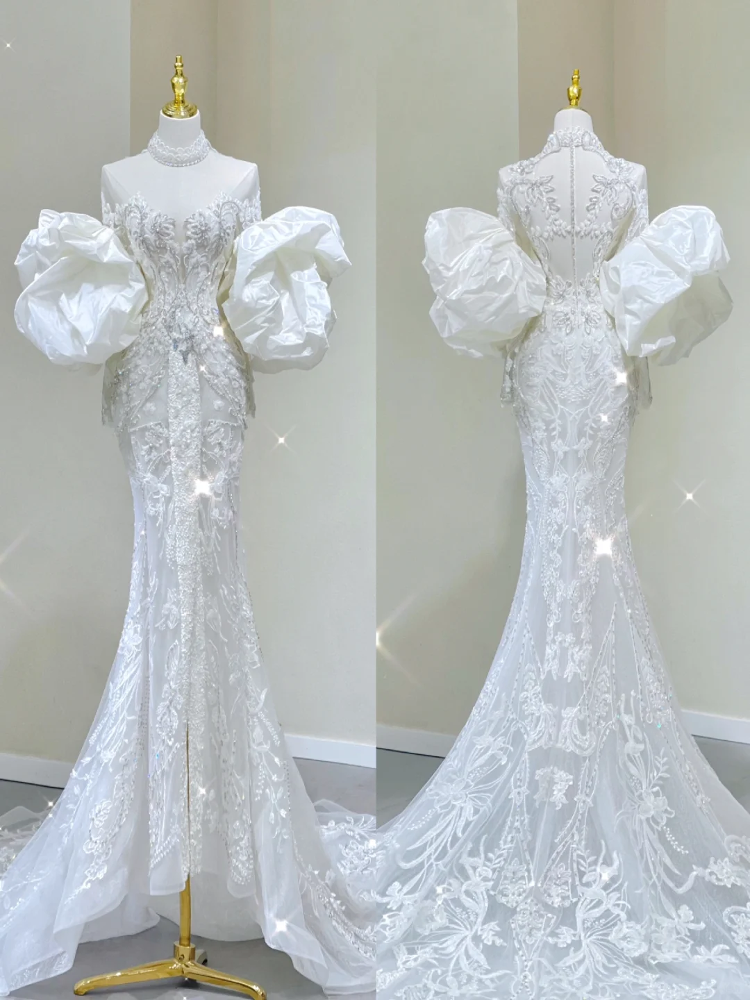 Luxury Mermaid High Neckline Long Sleeves  Lace White Wedding Dresses Brides Dress DP437