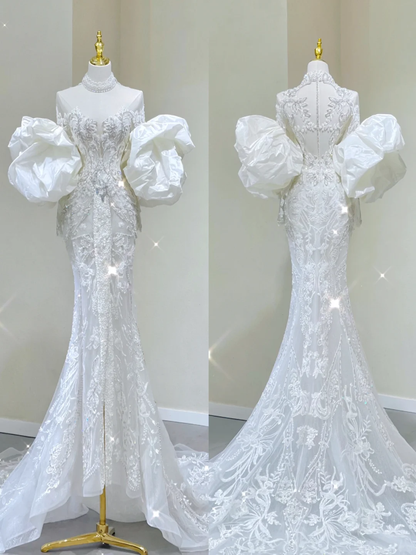 Luxury Mermaid High Neckline Long Sleeves  Lace White Wedding Dresses Brides Dress DP437