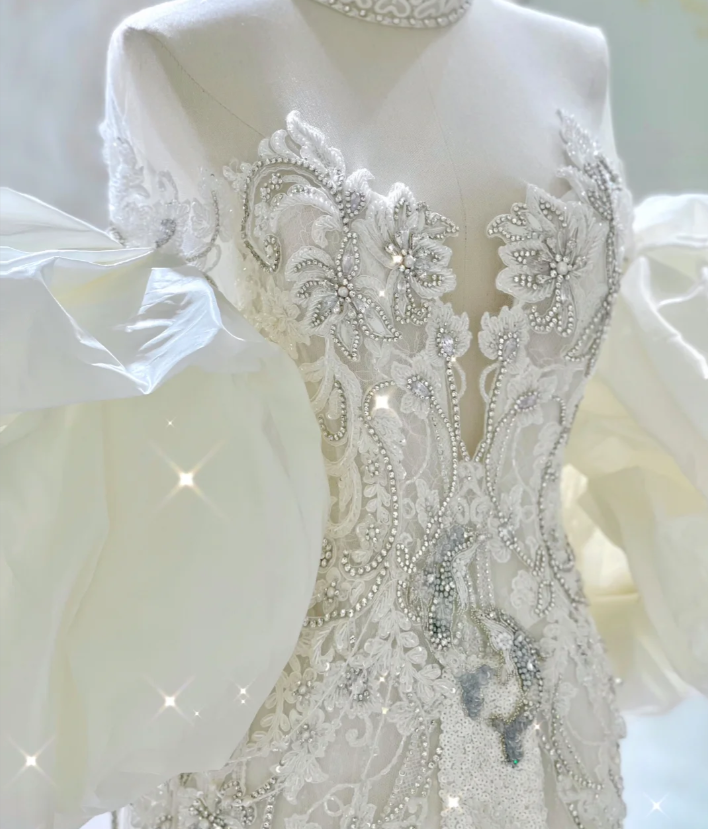 Luxury Mermaid High Neckline Long Sleeves  Lace White Wedding Dresses Brides Dress DP437