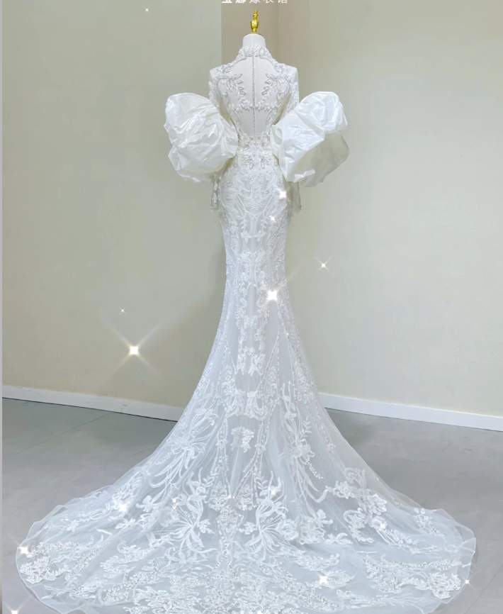 Luxury Mermaid High Neckline Long Sleeves  Lace White Wedding Dresses Brides Dress DP437